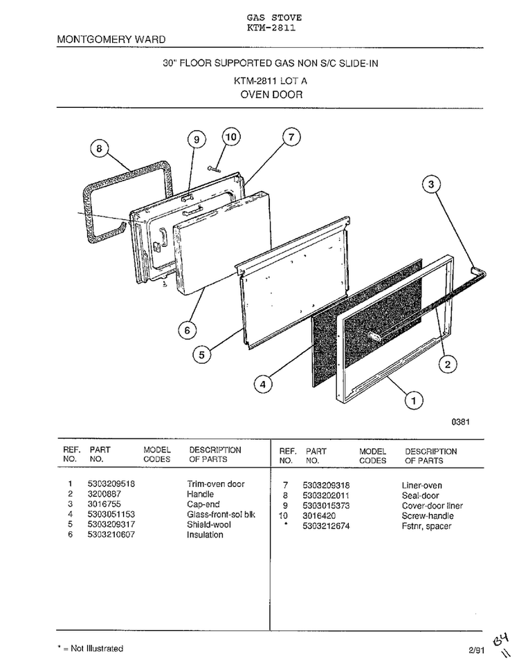 Oven Door Diagram and Parts List for 2811  Frigidaire Range