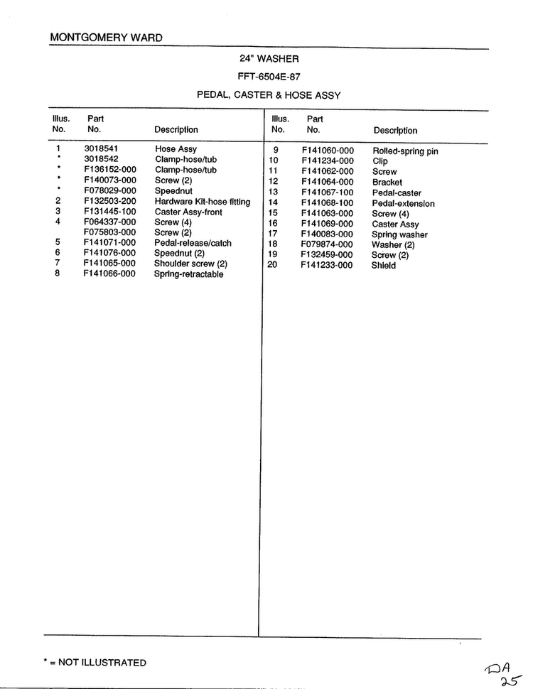 Pedal, Caster And Hose Assembly Page 2 Diagram and Parts List for 6504E  Frigidaire Washer