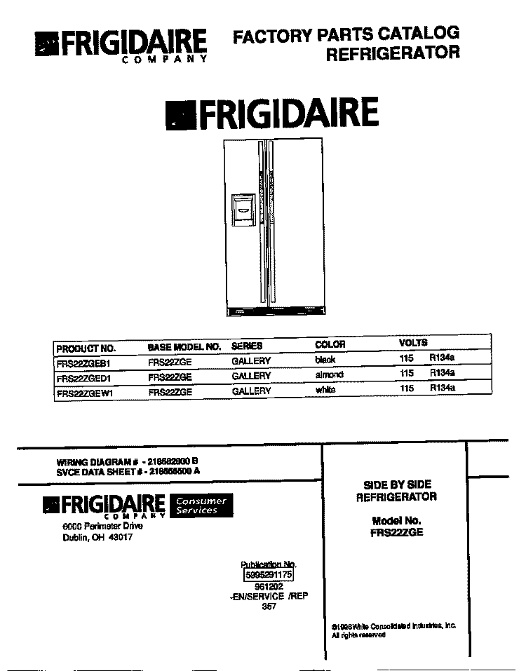 COVER Diagram and Parts List for FRS22ZGED1  Frigidaire Refrigerator