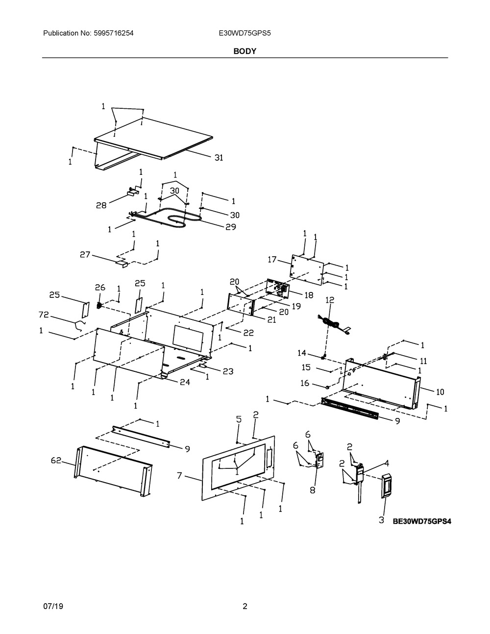 Body Diagram and Parts List for E30WD75GPS5  Frigidaire Warming Drawer