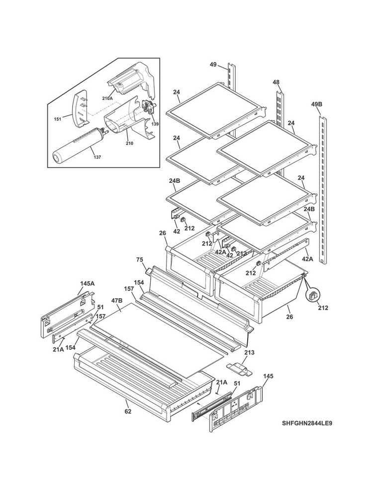 Shelves Diagram and Parts List for 25370412413  Kenmore Refrigerator