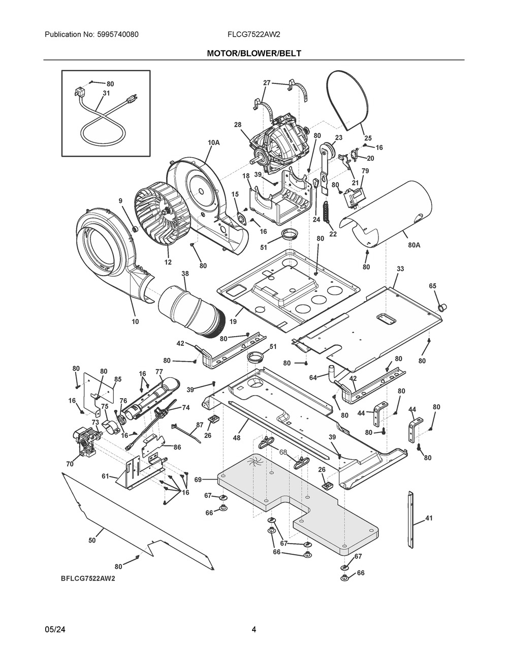Motor/Blower/Belt Diagram and Parts List for FLCG7522AW2  Frigidaire Washer Dryer Combo
