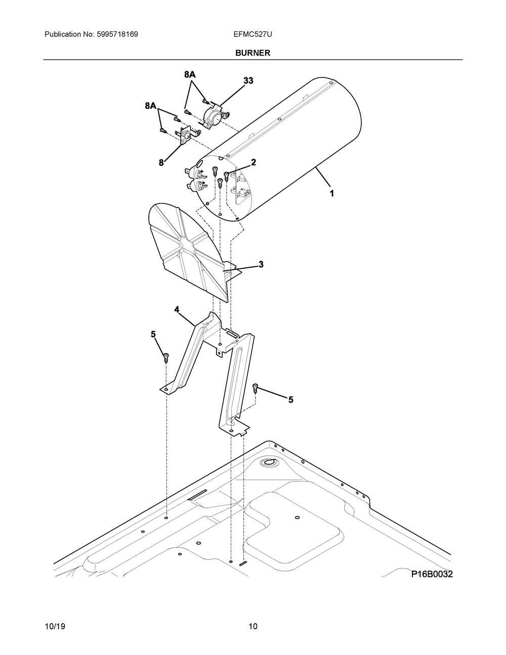 Burner Diagram and Parts List for EFMC527UIW1  Frigidaire Dryer