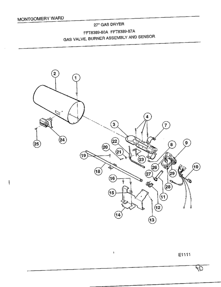 Gas Valve, Burner Assembly And Sensor Diagram and Parts List for 8389-80A  Frigidaire Dryer