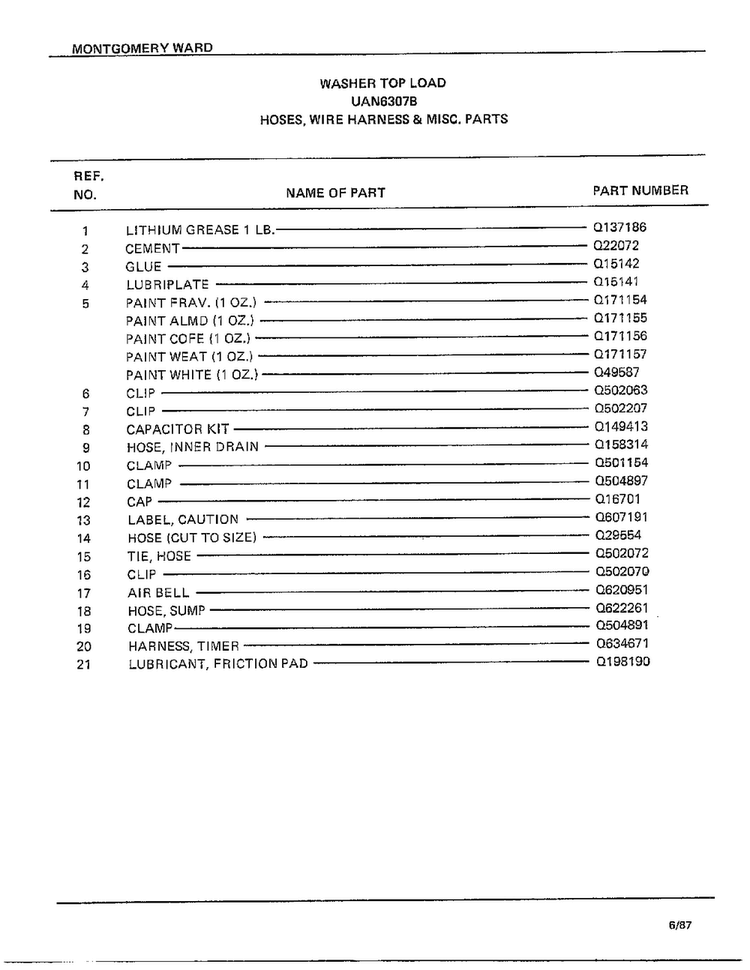 Hoses, Wire Harness And Misc Parts Page 2 Diagram and Parts List for 6307B  Frigidaire Washer