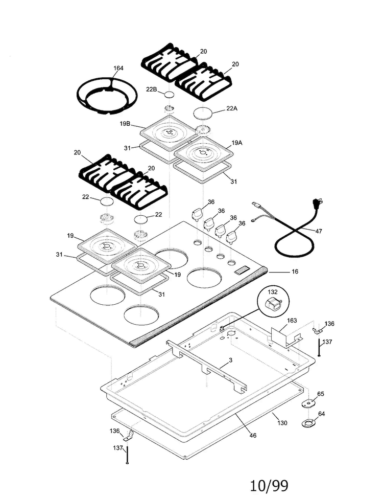 Cooktop Diagram and Parts List for 33003  Frigidaire Cooktop
