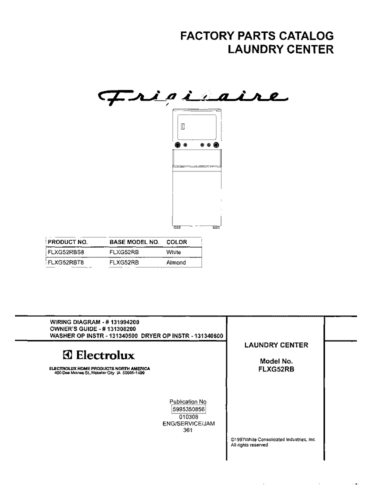 COVER Diagram and Parts List for FLXG52RBT8  Frigidaire Washer Dryer Combo