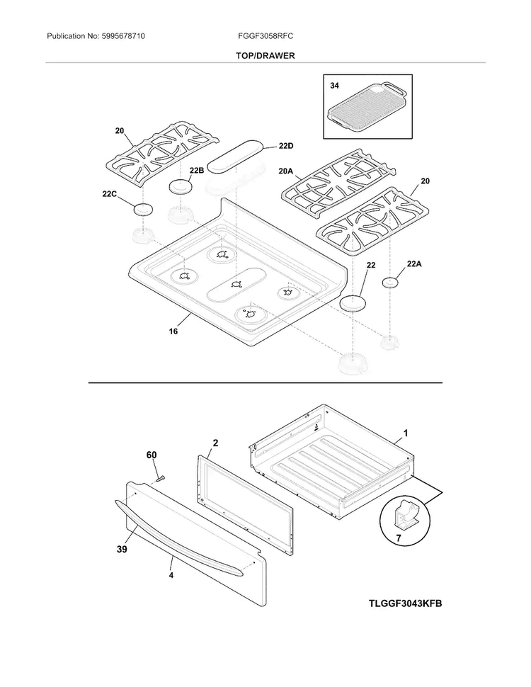 Top/drawer Diagram and Parts List for FGGF3058RFC  Frigidaire Range