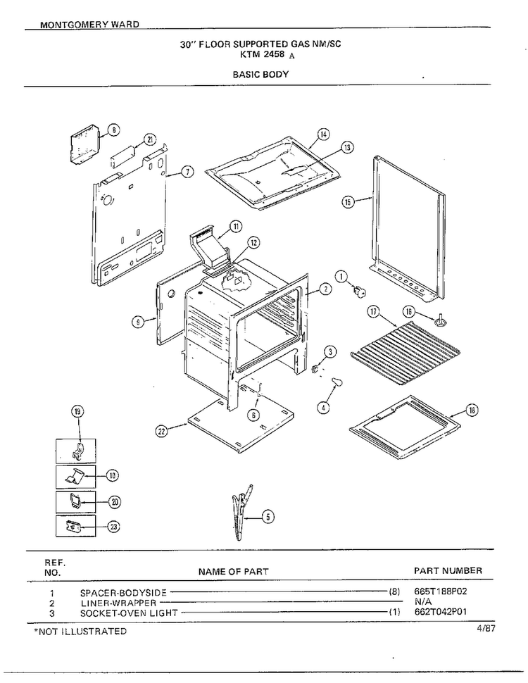 30" Floor/basic Body Diagram and Parts List for 2458A  Frigidaire Range