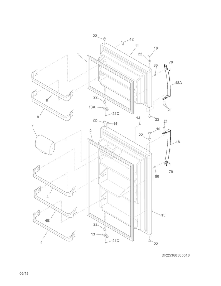 Doors Diagram and Parts List for 25360505511  Kenmore Refrigerator