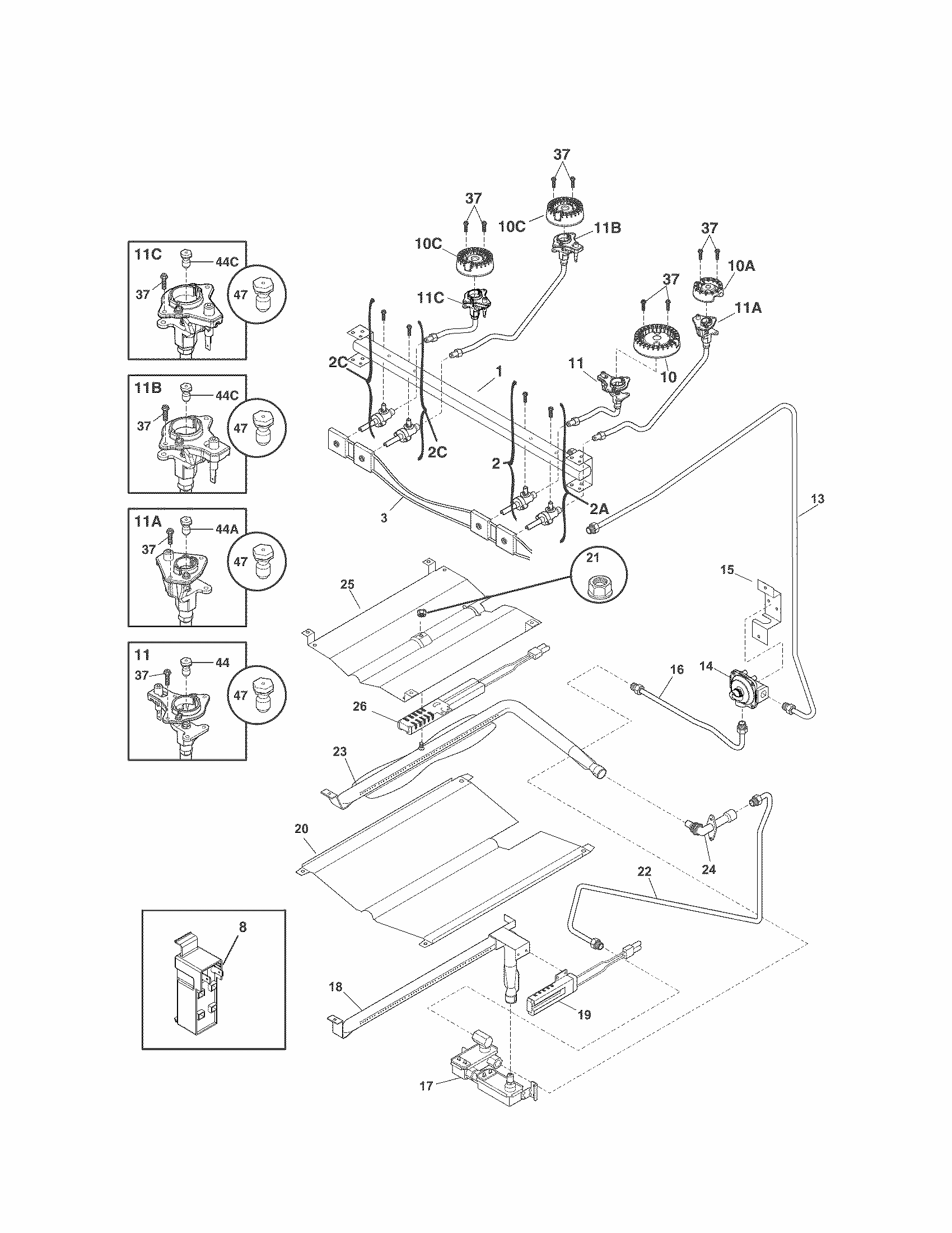 Burner Diagram and Parts List for 79072633211  Kenmore Range