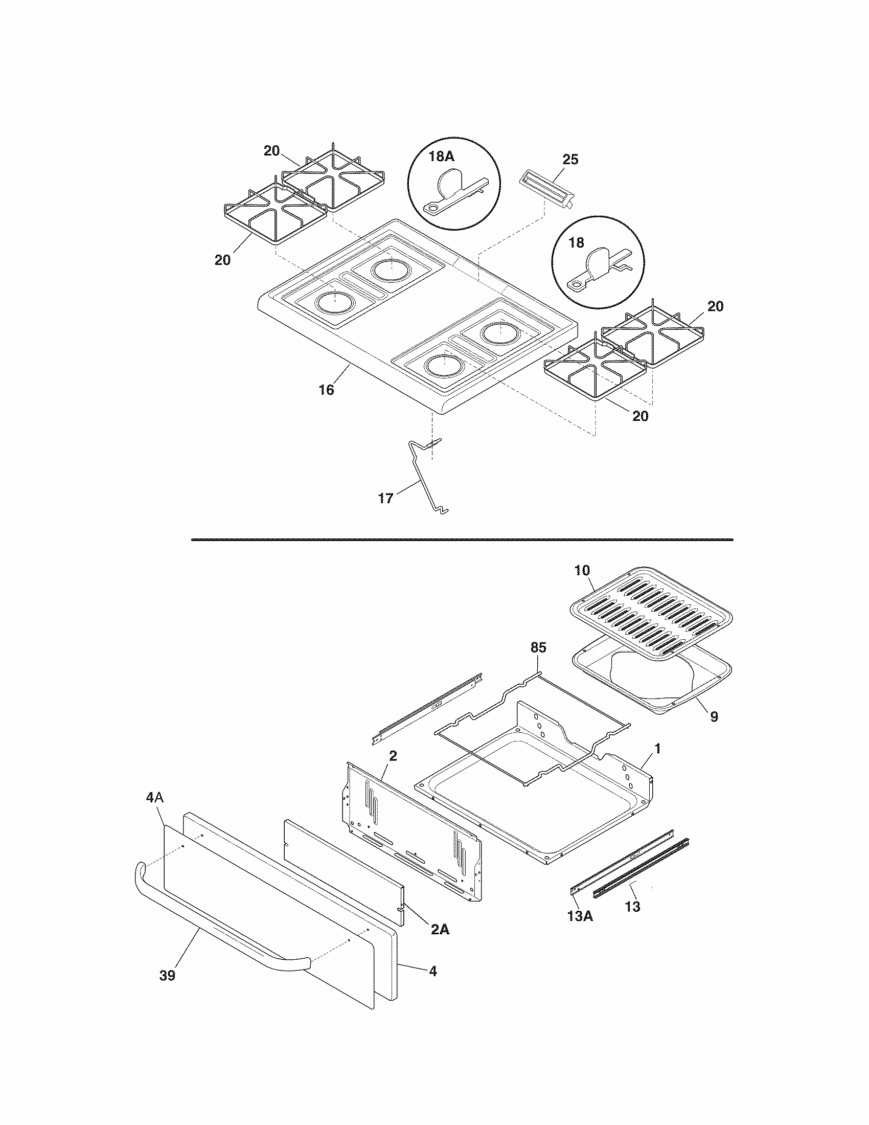 Top/drawer Diagram and Parts List for 79073033310  Kenmore Range