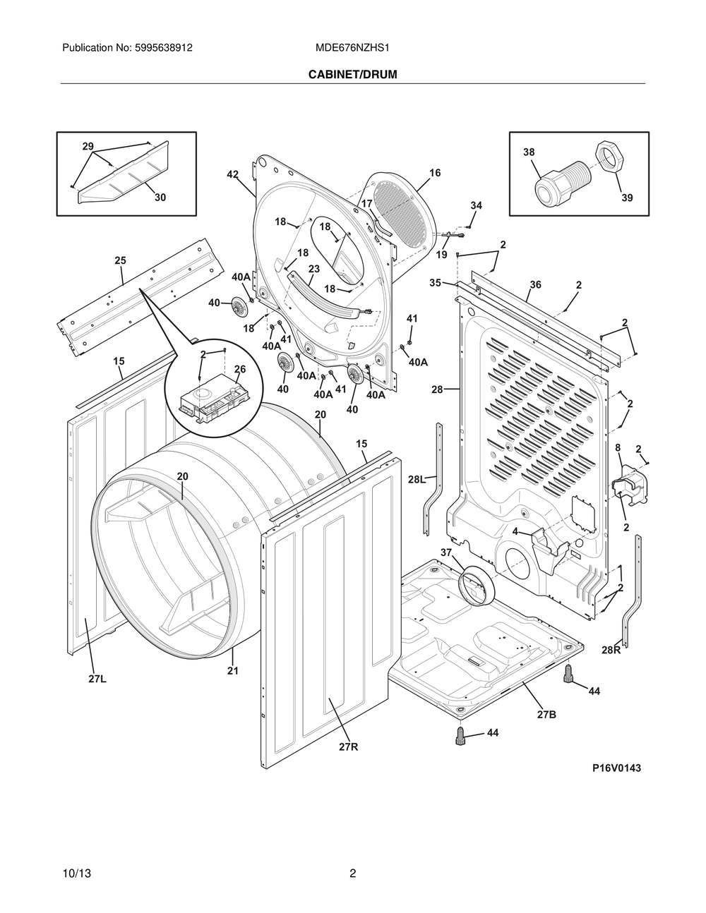 Cabinet/Drum Diagram and Parts List for MDE676NZHS1  Frigidaire Dryer