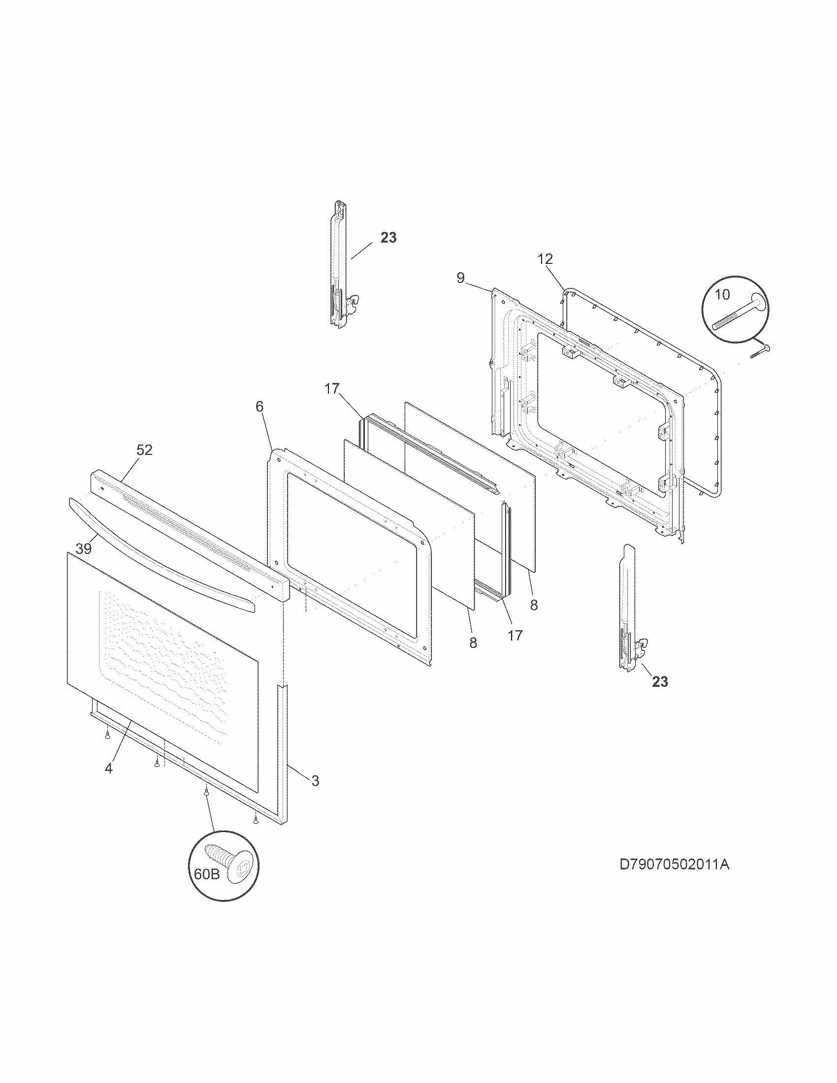 Door Diagram and Parts List for 79093019311  Kenmore Range