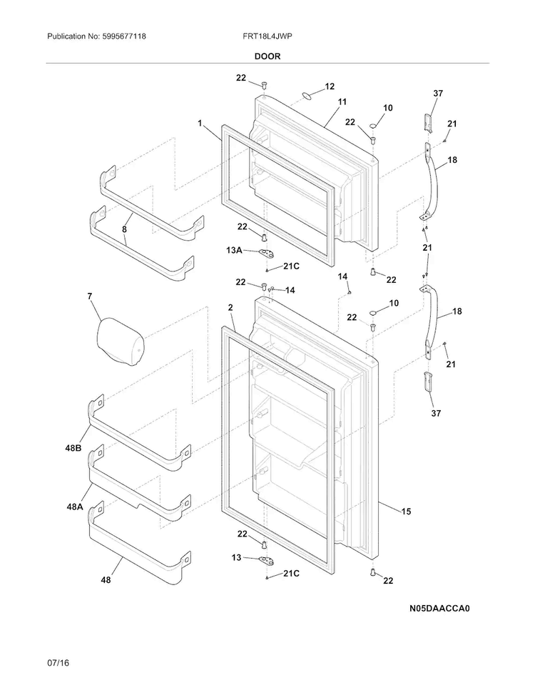 Doors Diagram and Parts List for FRT18L4JWP  Frigidaire Refrigerator