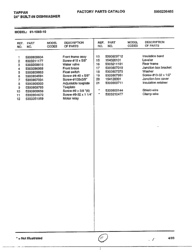 Parts List Diagram and Parts List for 61-1083-10  Frigidaire Dishwasher