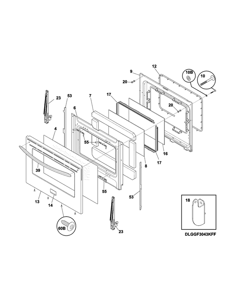 Door Diagram and Parts List for LGGF3043KFT  Frigidaire Range