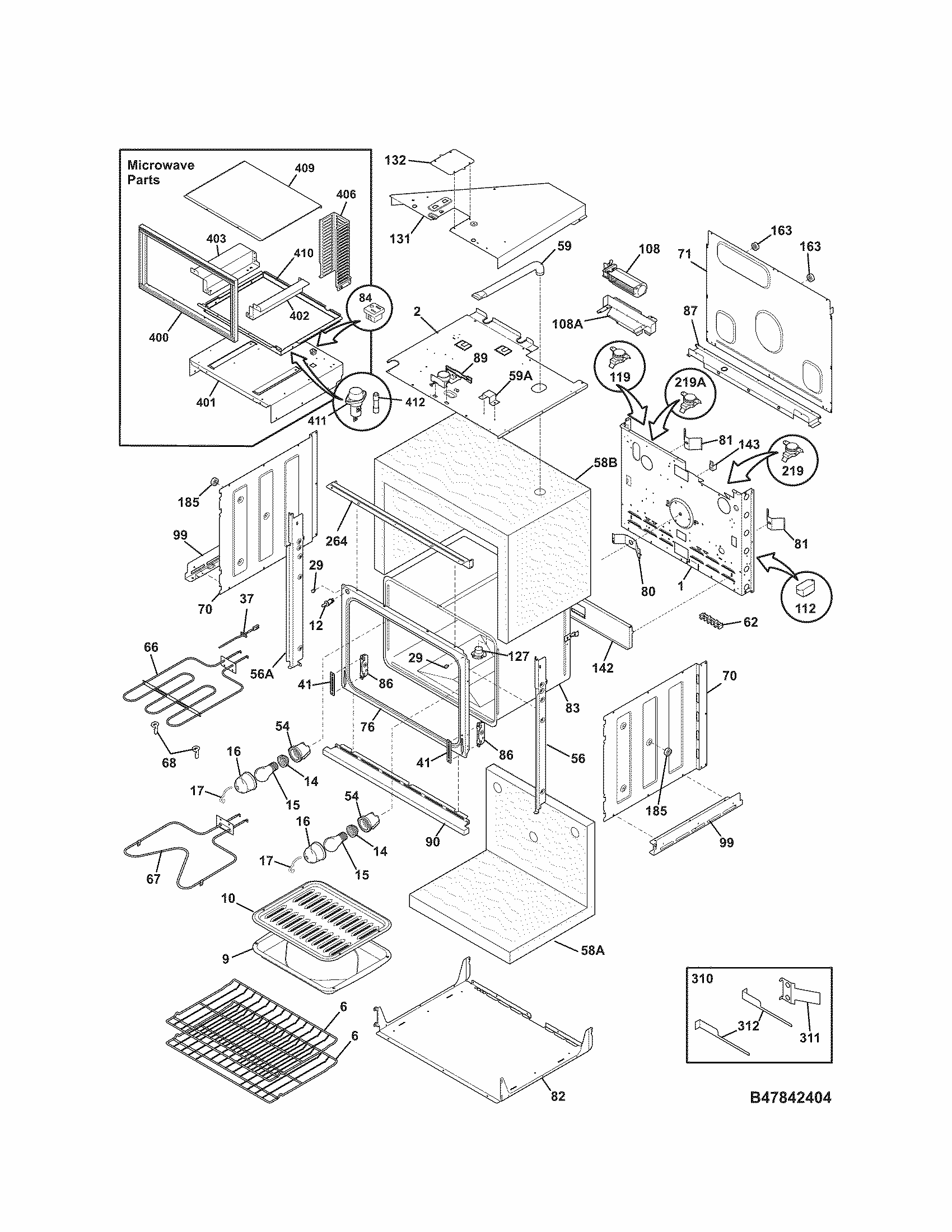 Lower Oven Diagram and Parts List for 79047843408  Kenmore Microwave