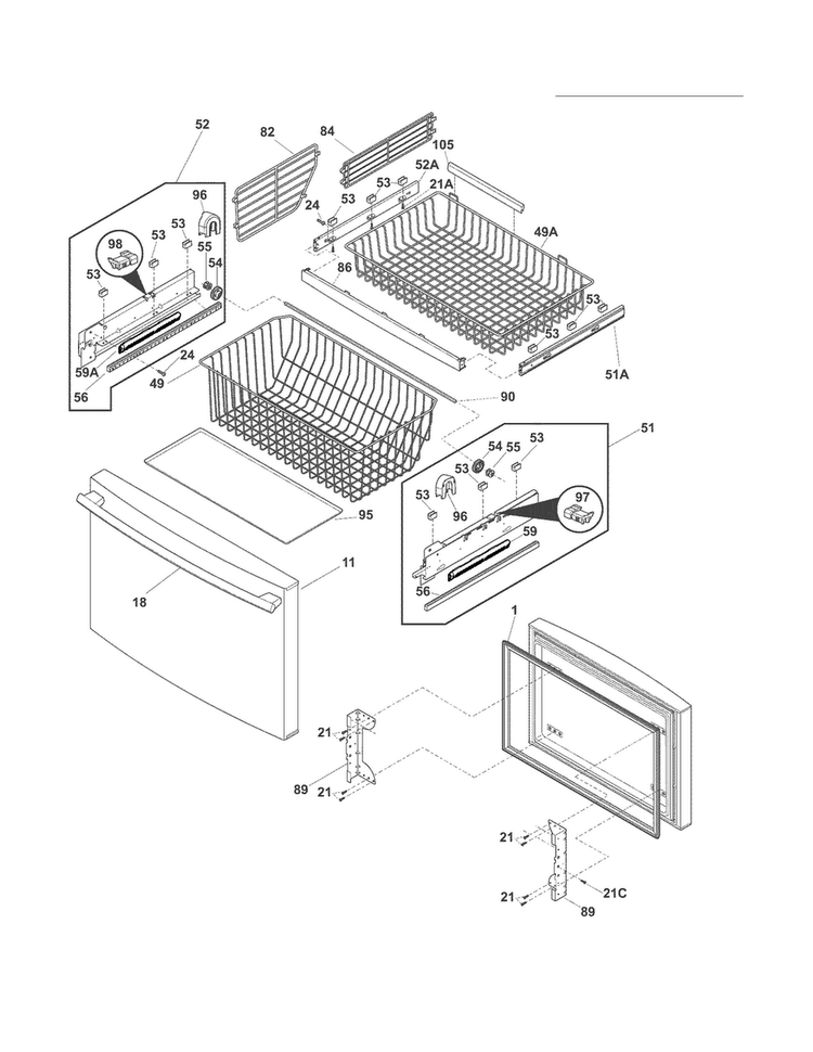 Freezer Drawer - Basket Diagram and Parts List for FPHG2399MF4  Frigidaire Refrigerator