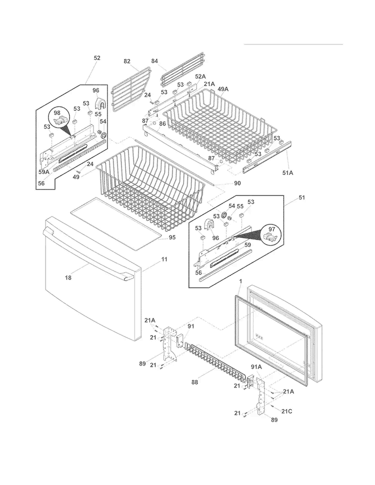Freezer Drawer - Basket Diagram and Parts List for EI28BS56IBE  Electrolux Refrigerator