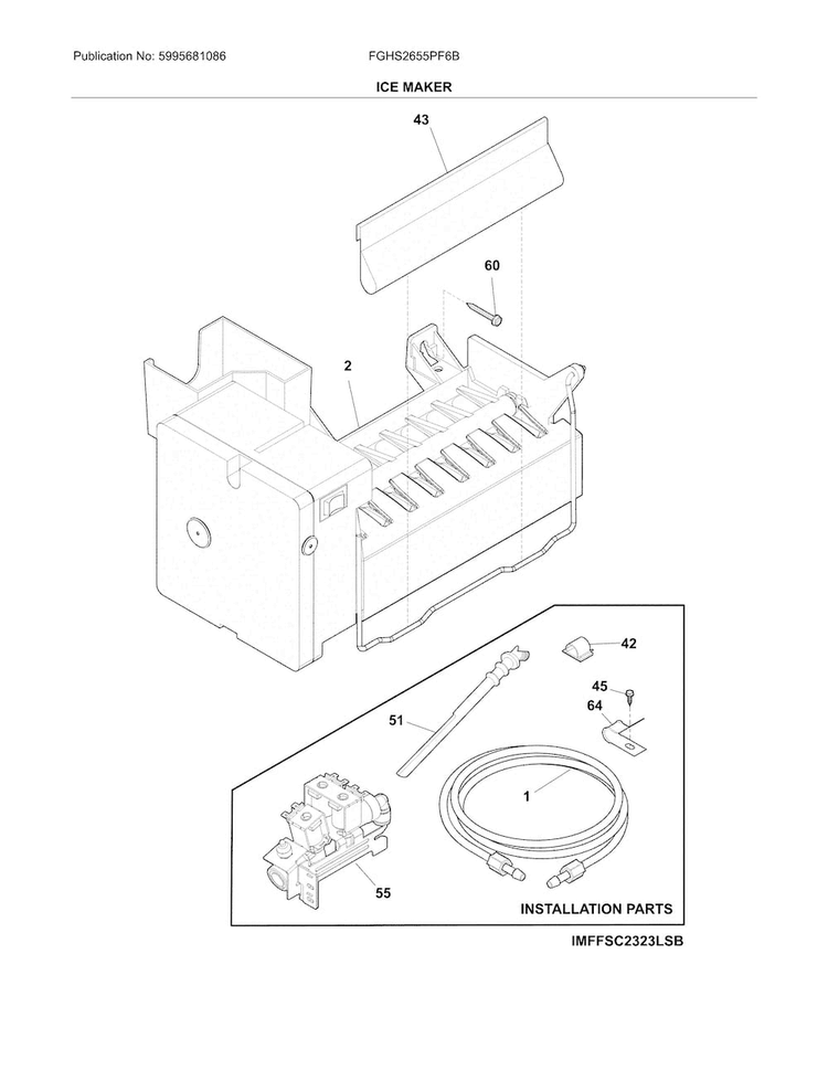 Ice Maker Diagram and Parts List for FGHS2655PF6B  Frigidaire Refrigerator