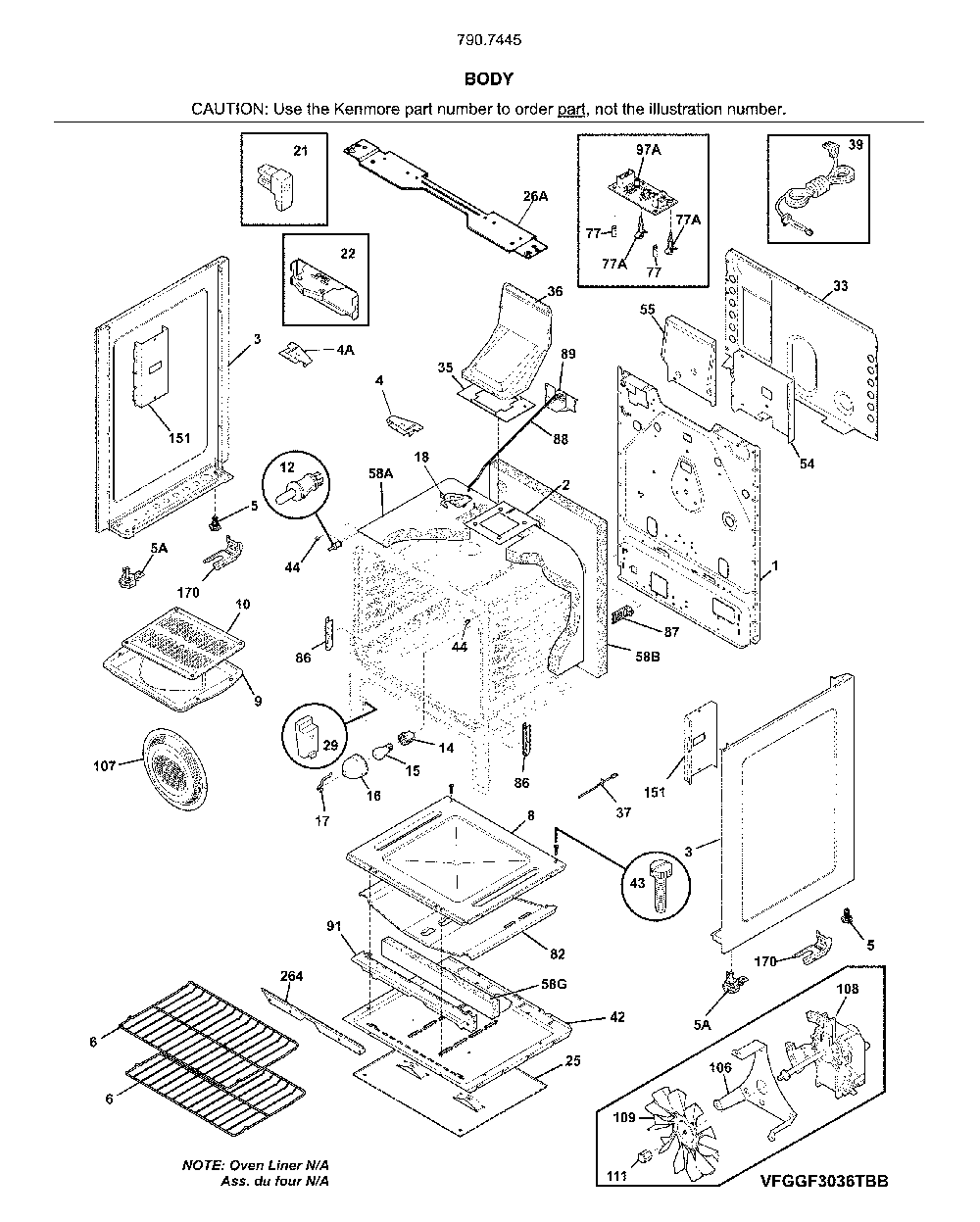Body Diagram and Parts List for 79074455810  Kenmore Range