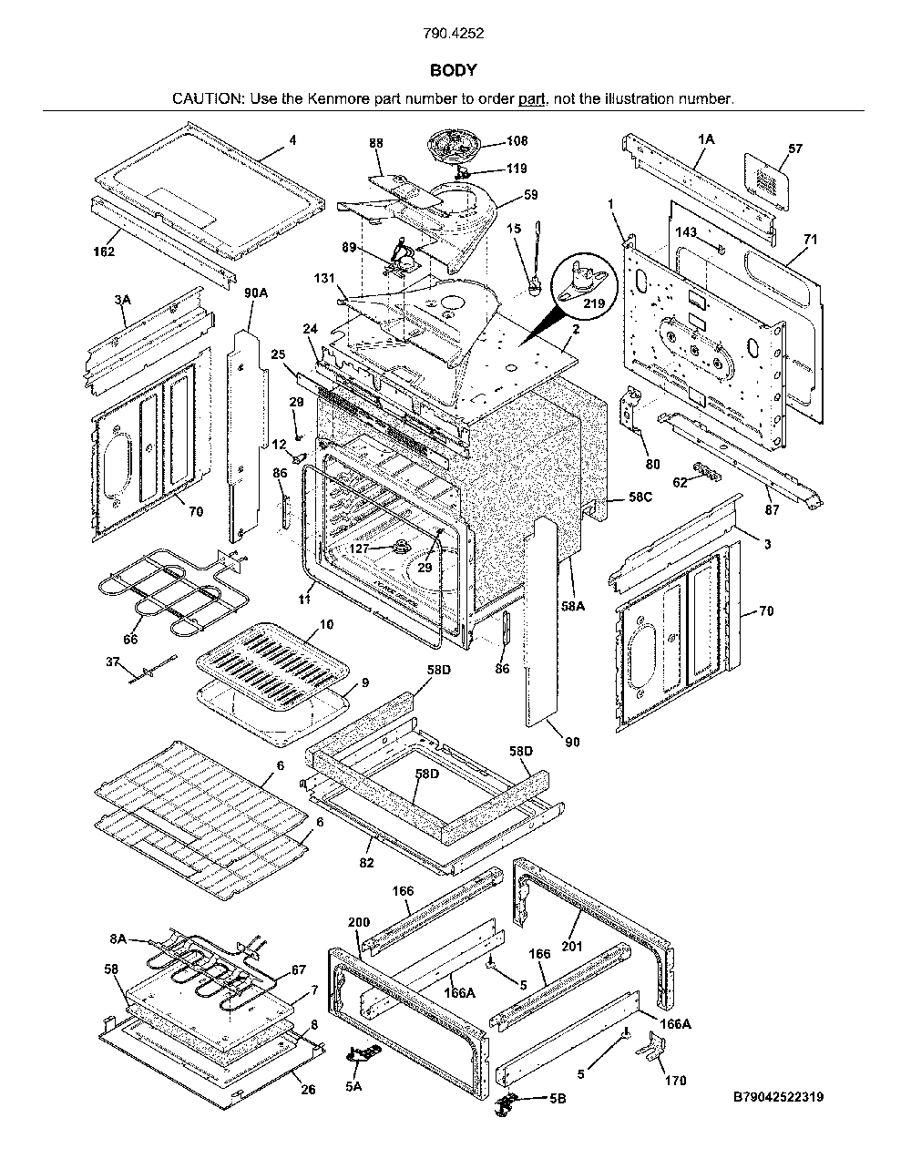 Body Diagram and Parts List for 7904252931A  Kenmore Range