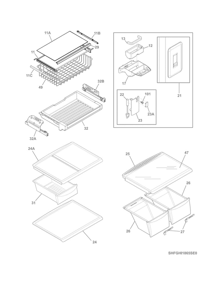 Shelves Diagram and Parts List for FGHI1865SE0  Frigidaire Refrigerator