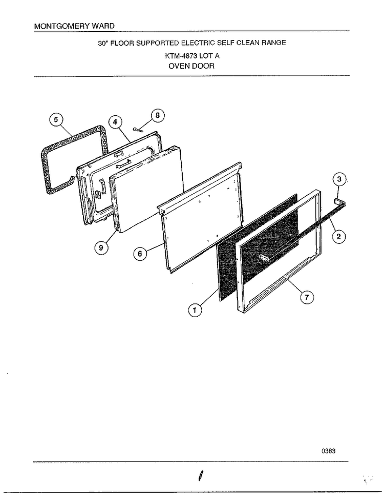 Oven Door Diagram and Parts List for 4873A  Frigidaire Range