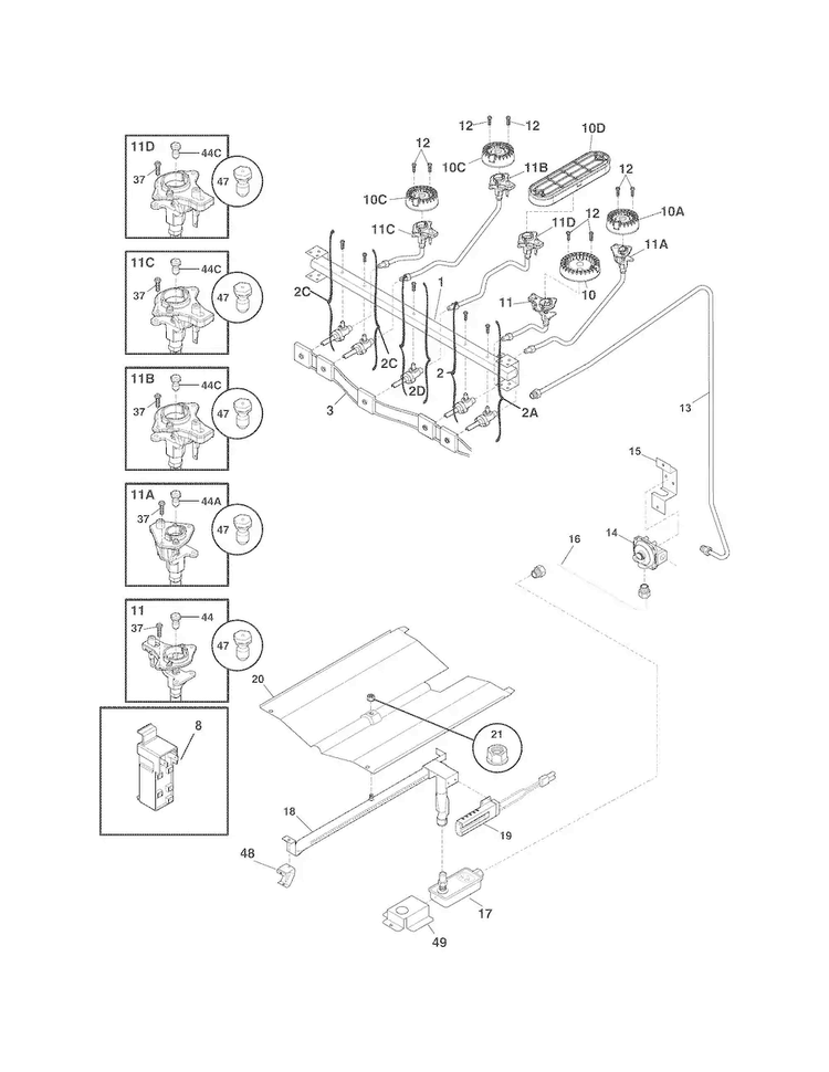Burner Diagram and Parts List for FGF348KCN  Frigidaire Range
