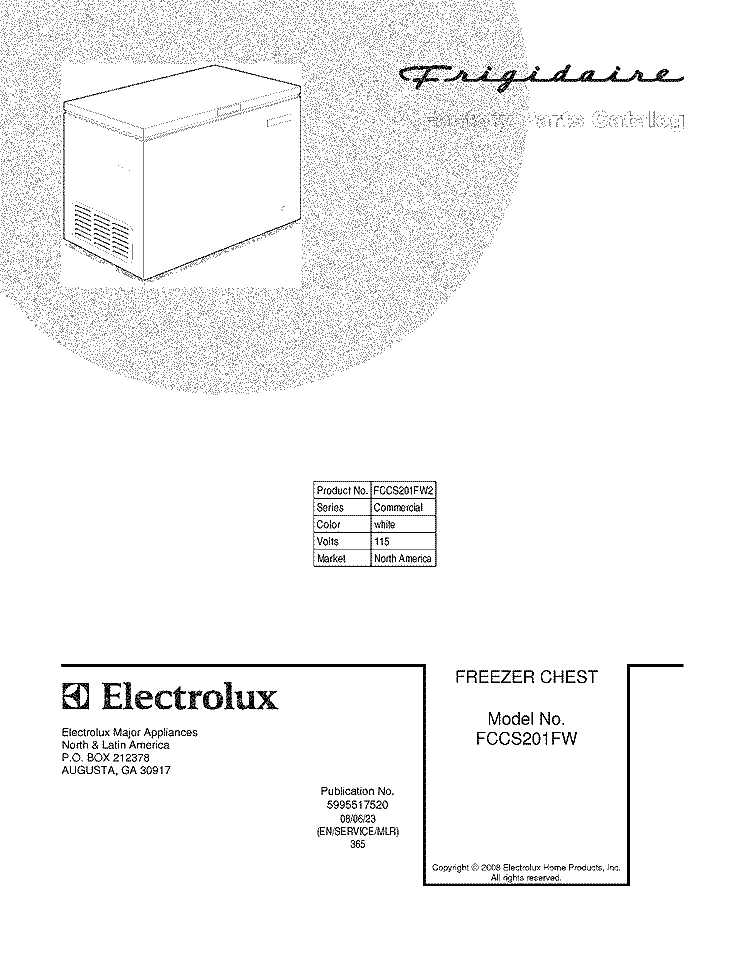 COVER Diagram and Parts List for FCCS201FW2  Frigidaire Freezer