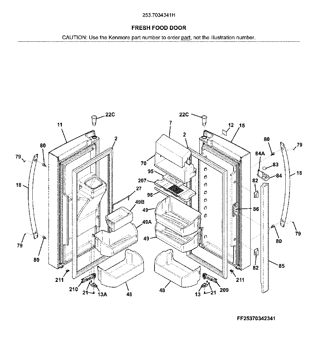 Fresh food doors Diagram and Parts List for 2537034341H  Kenmore Refrigerator