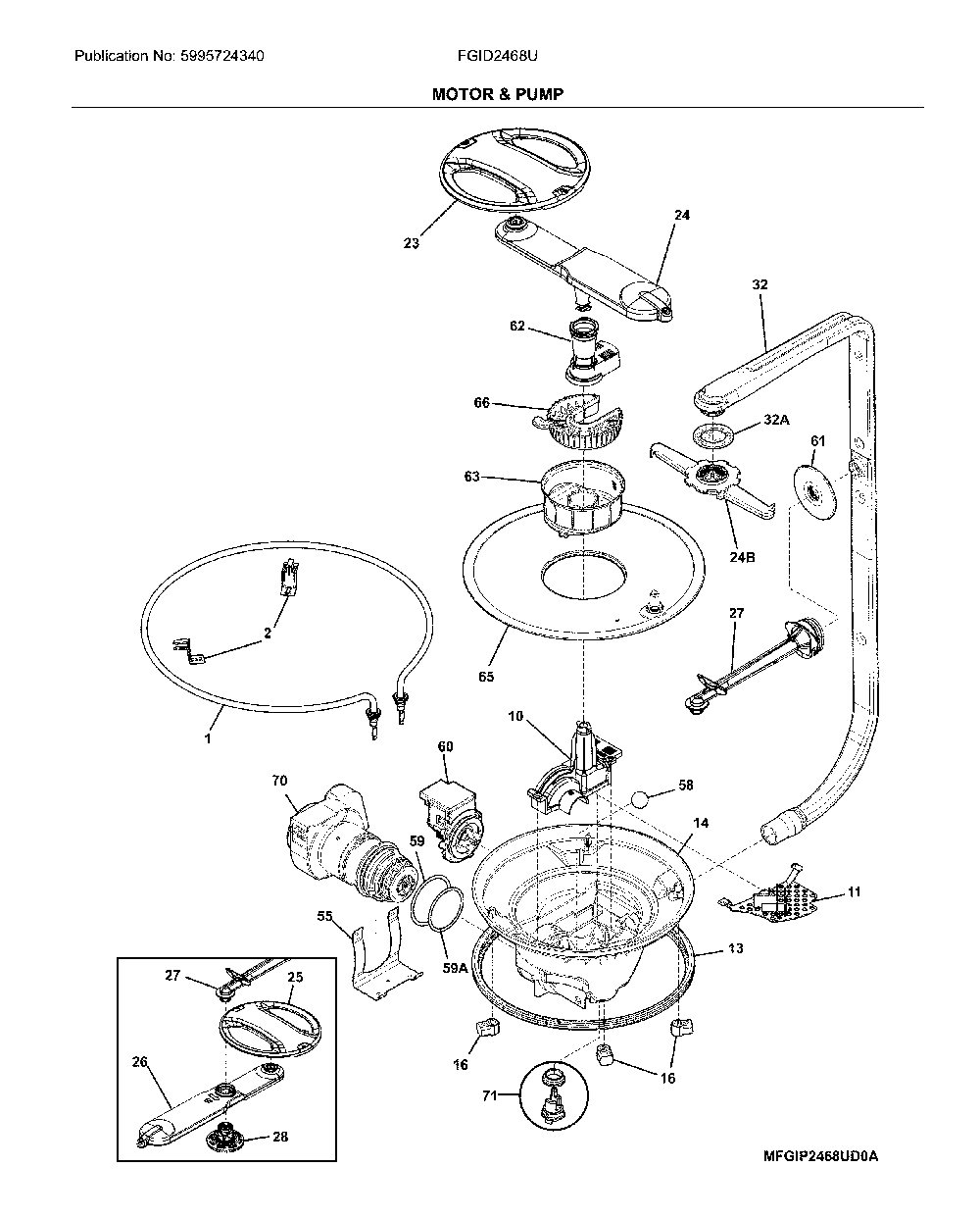 Motor & pump Diagram and Parts List for FGID2468UF2A  Frigidaire Dishwasher