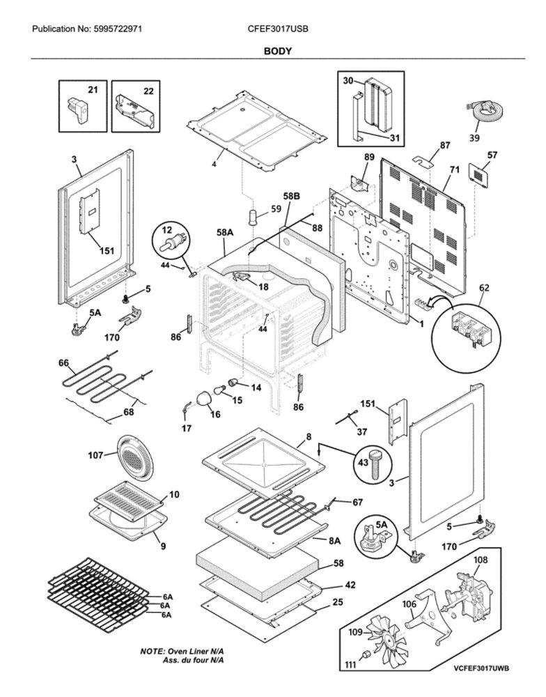 Body Diagram and Parts List for CFEF3017USB  Frigidaire Range