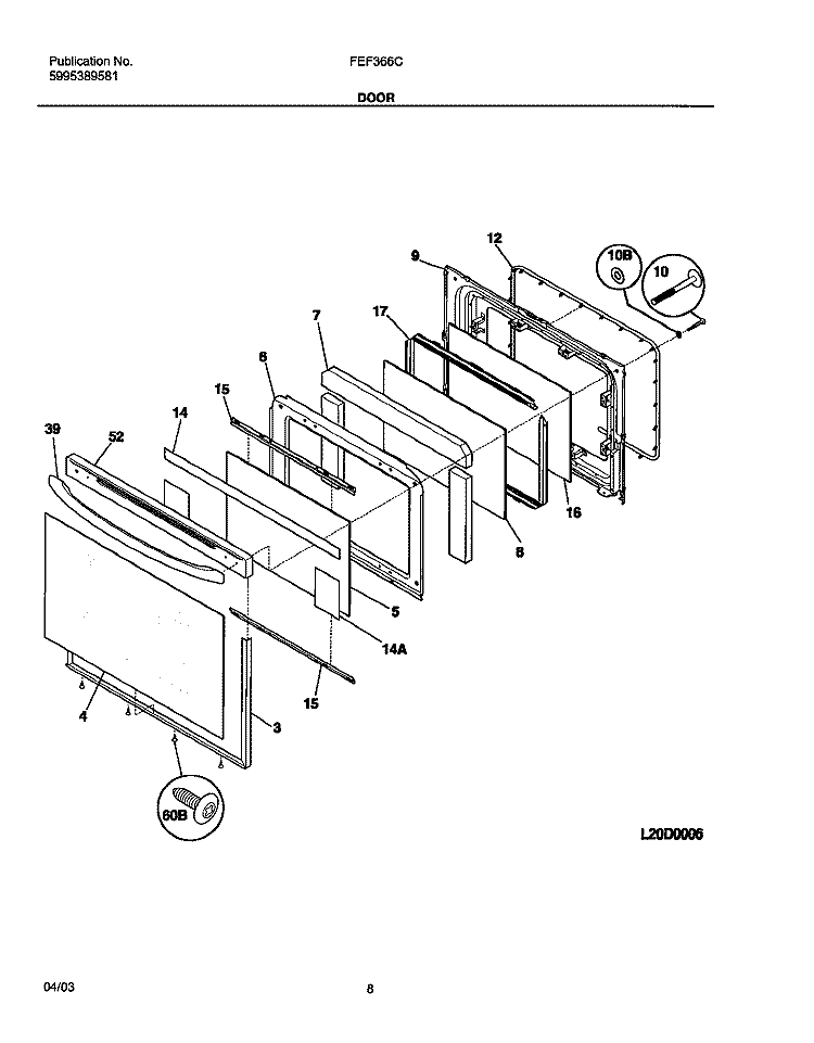 DOOR Diagram and Parts List for FEF366CQA  Frigidaire Range