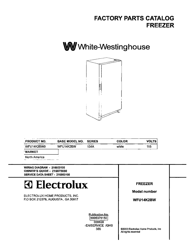 COVER Diagram and Parts List for WFU14K2BW0  Westinghouse Freezer