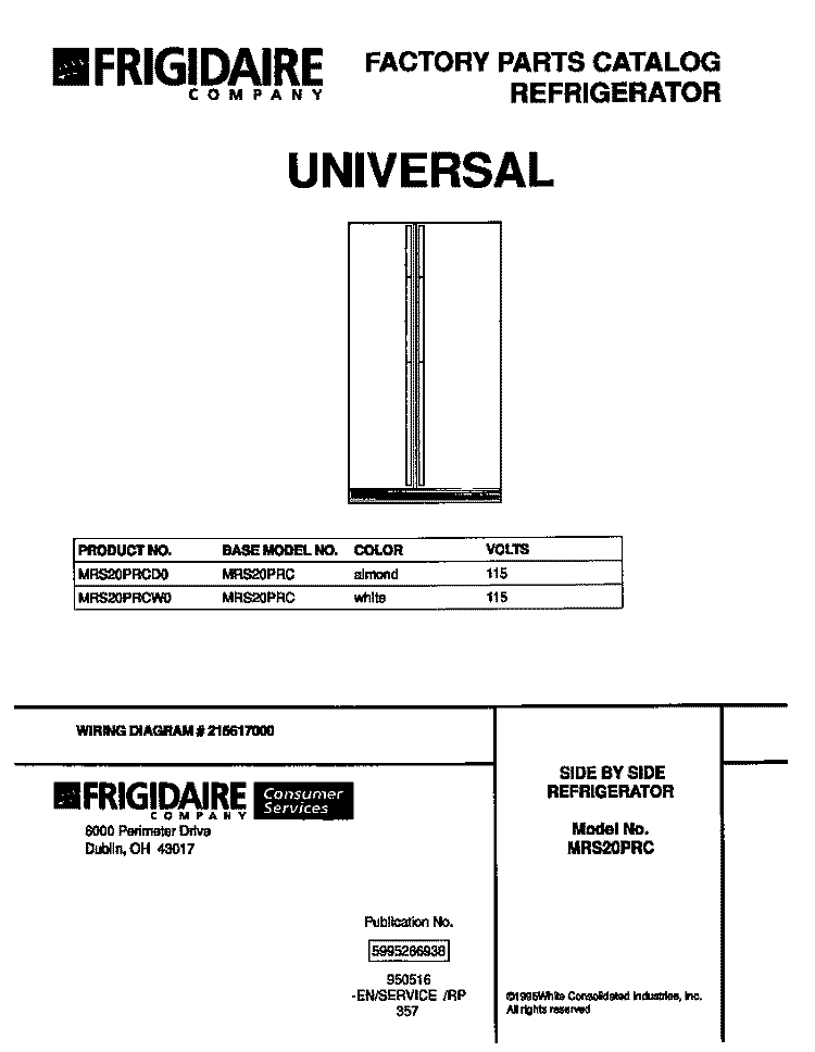 COVER Diagram and Parts List for MRS20PRCD0  Frigidaire Refrigerator