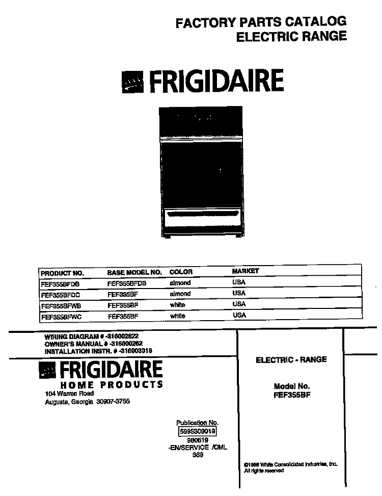 COVER Diagram and Parts List for FEF355BFDC  Frigidaire Range