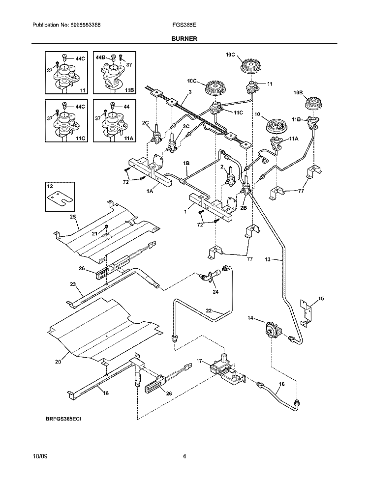 BURNER Diagram and Parts List for FGS365EBI  Frigidaire Range