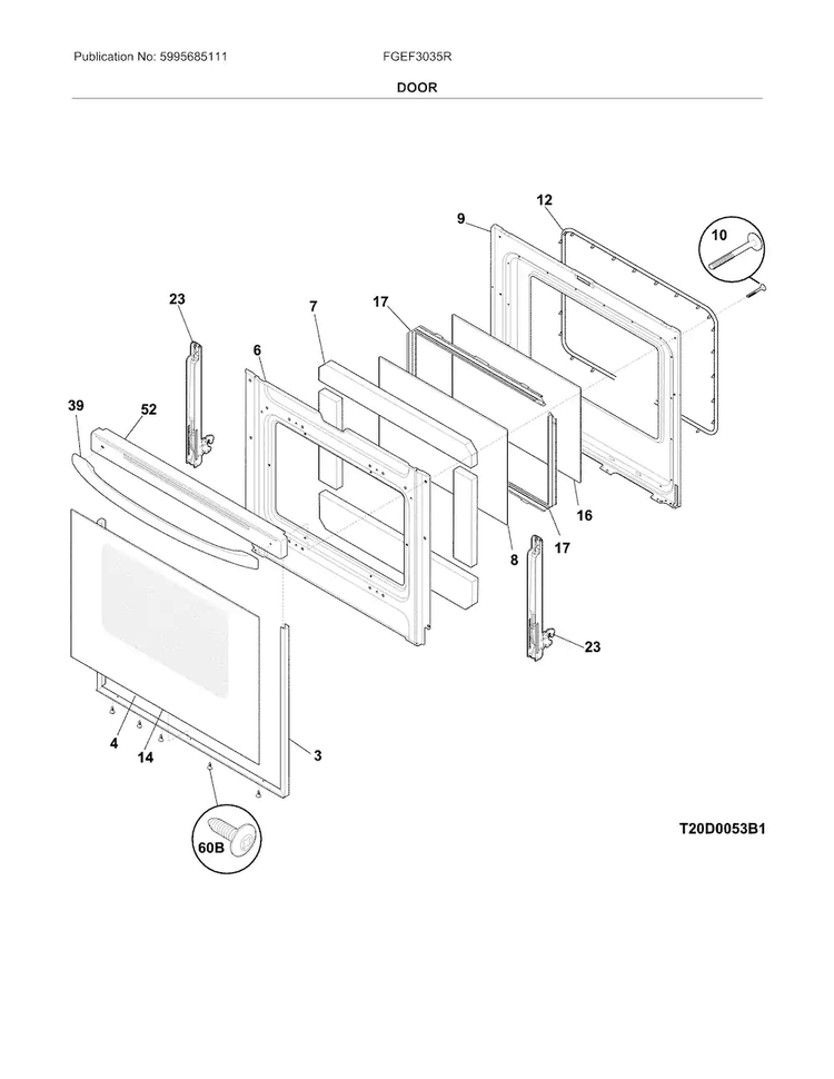Door Diagram and Parts List for FGEF3035RBB  Frigidaire Range