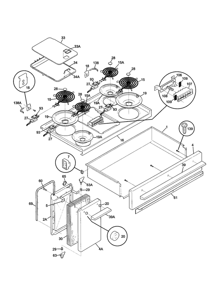Top/drawer Diagram and Parts List for FEF455WFBC  Frigidaire Range