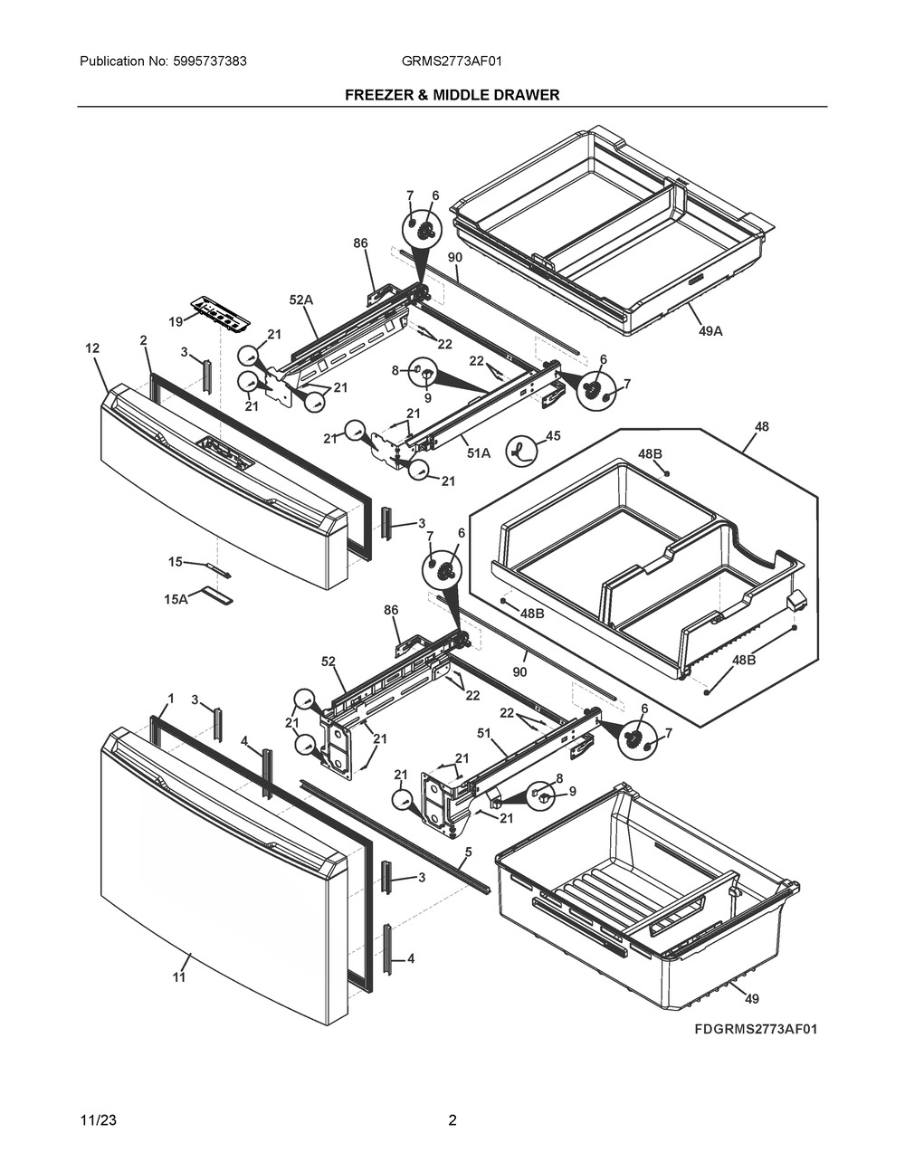 Freezer And Middle Drawer Diagram and Parts List for GRMS2773AF01  Frigidaire Refrigerator