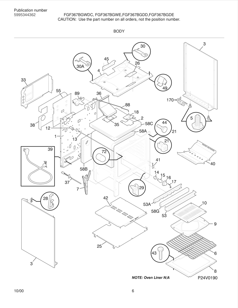 Body Diagram and Parts List for FGF367BGDD  Frigidaire Range