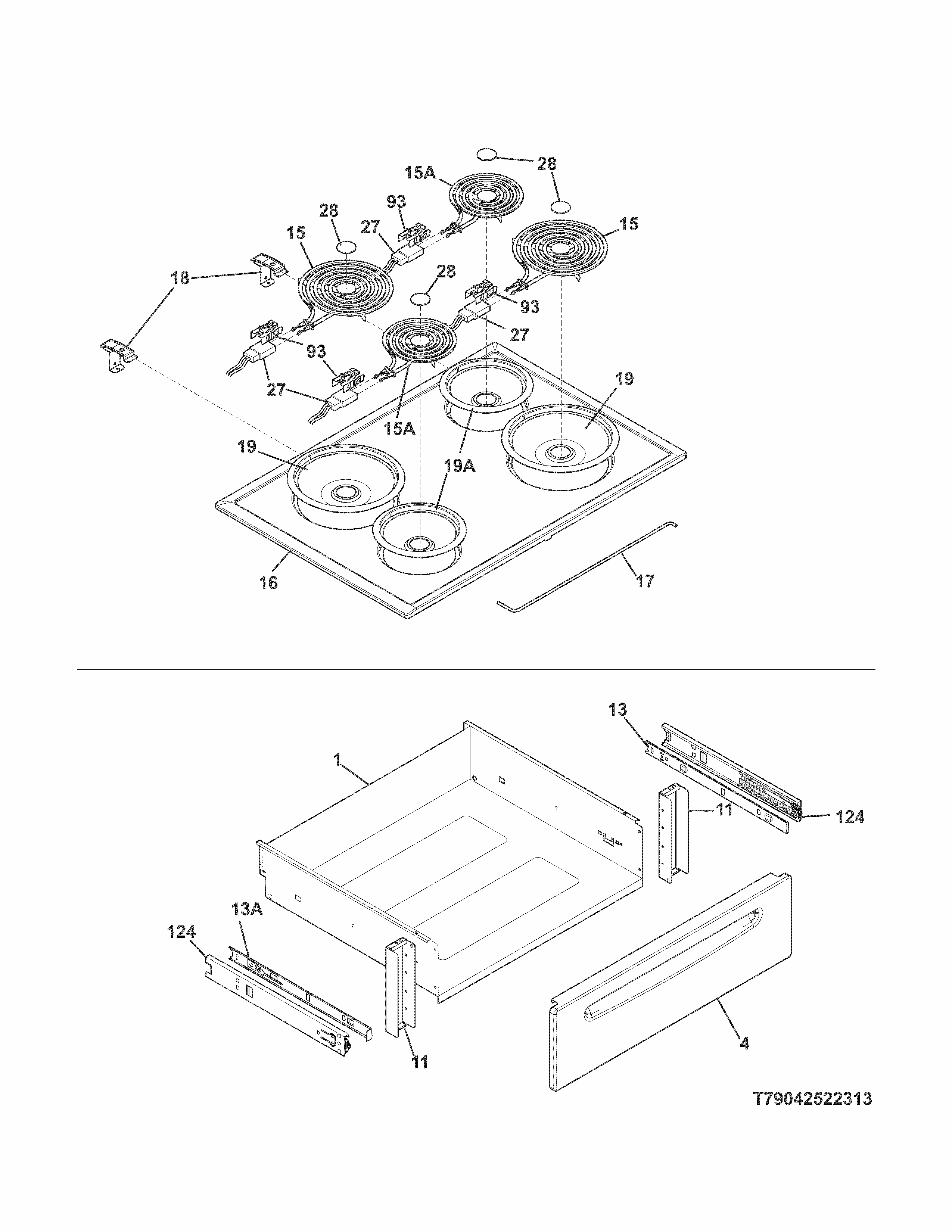 Top/drawer Diagram and Parts List for 79042529315  Kenmore Range