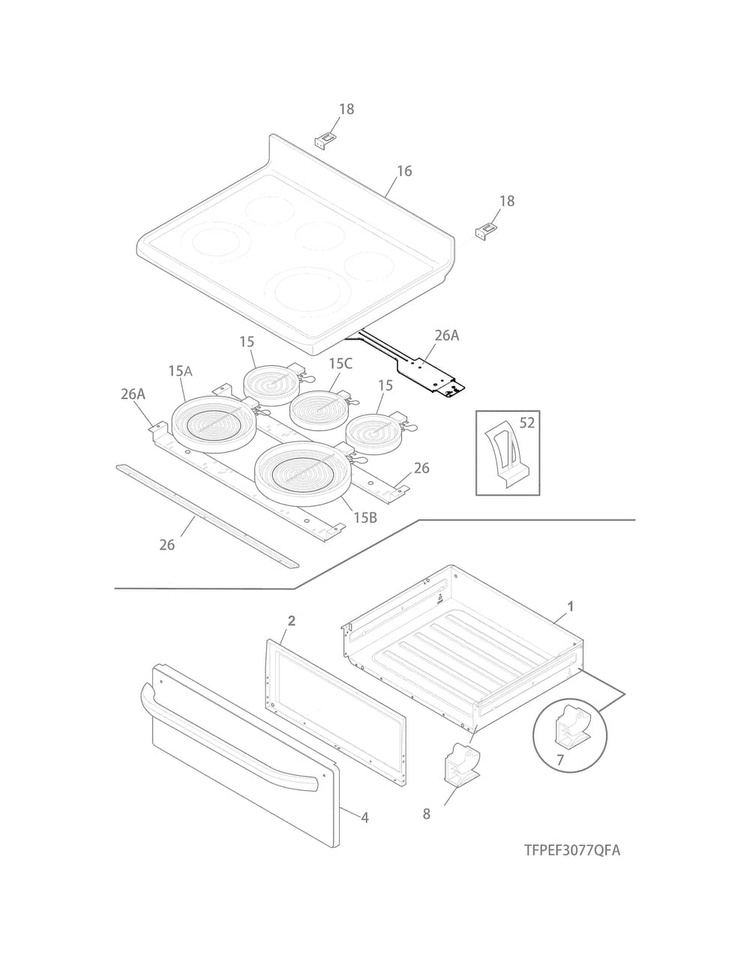 Top/drawer Diagram and Parts List for FGEF3035RBA  Frigidaire Range