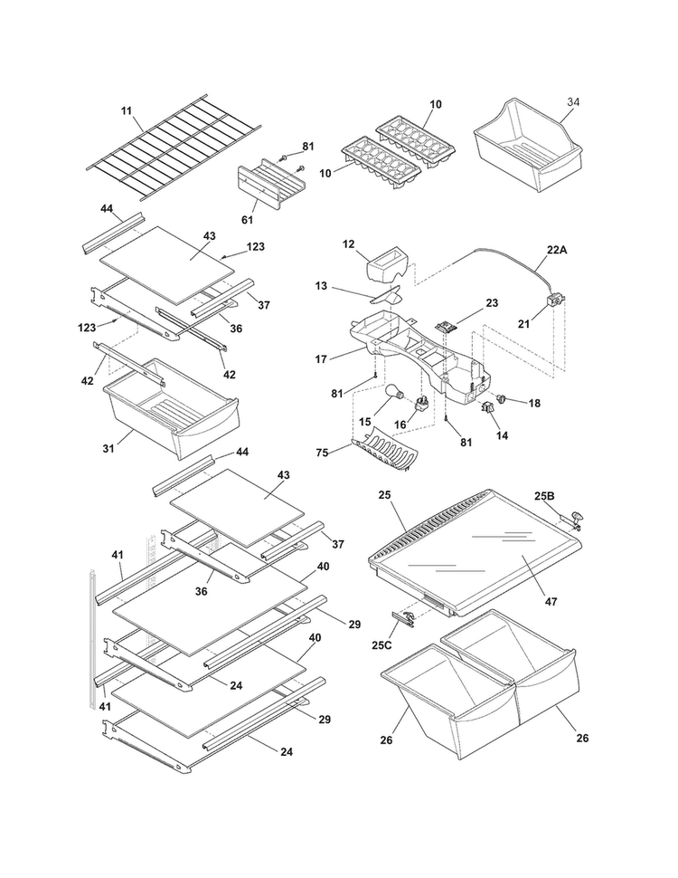 Shelves Diagram and Parts List for MRTN23V6MW4  Uni Refrigerator