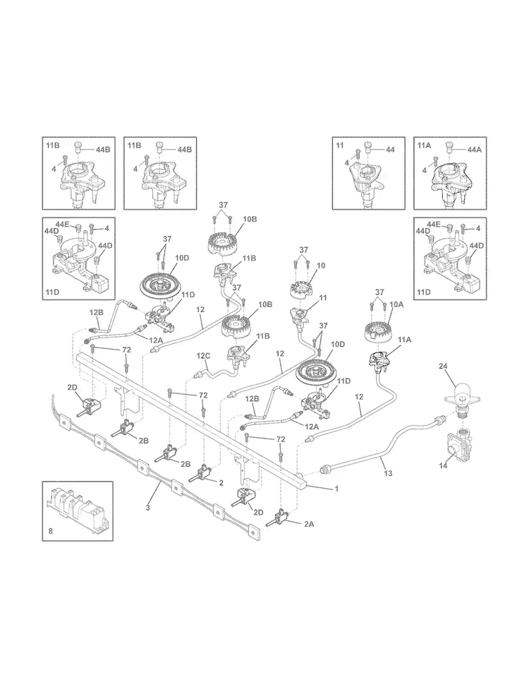 Burner Diagram and Parts List for E36GC76PPS0  Electrolux Cooktop