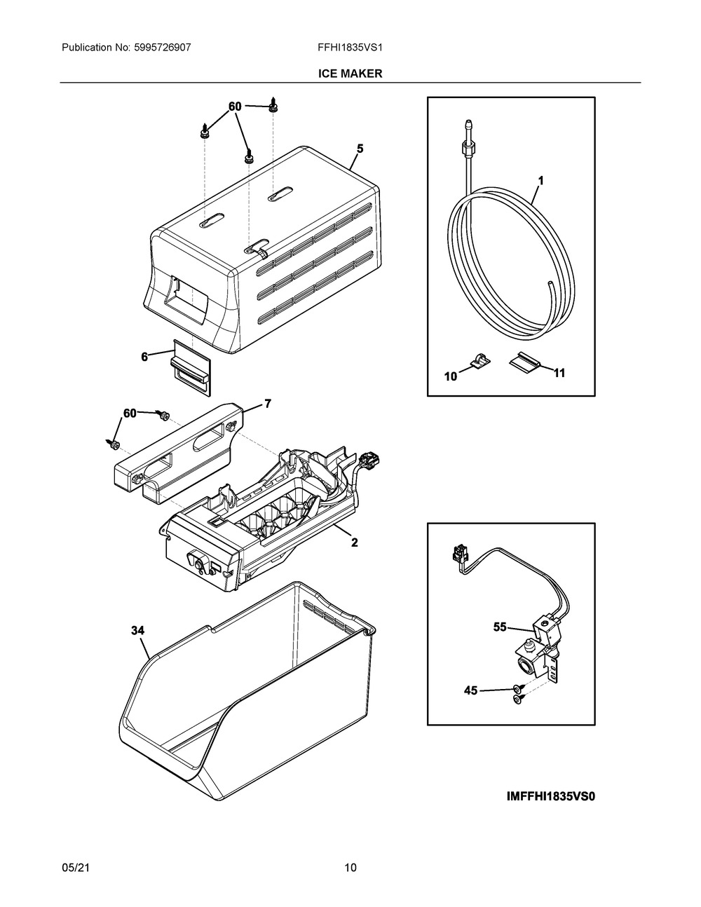 Ice Maker Diagram and Parts List for FFHI1835VS1  Frigidaire Refrigerator