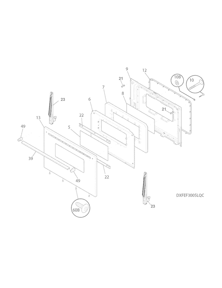 Door Diagram and Parts List for FFEF3005MQC  Frigidaire Range