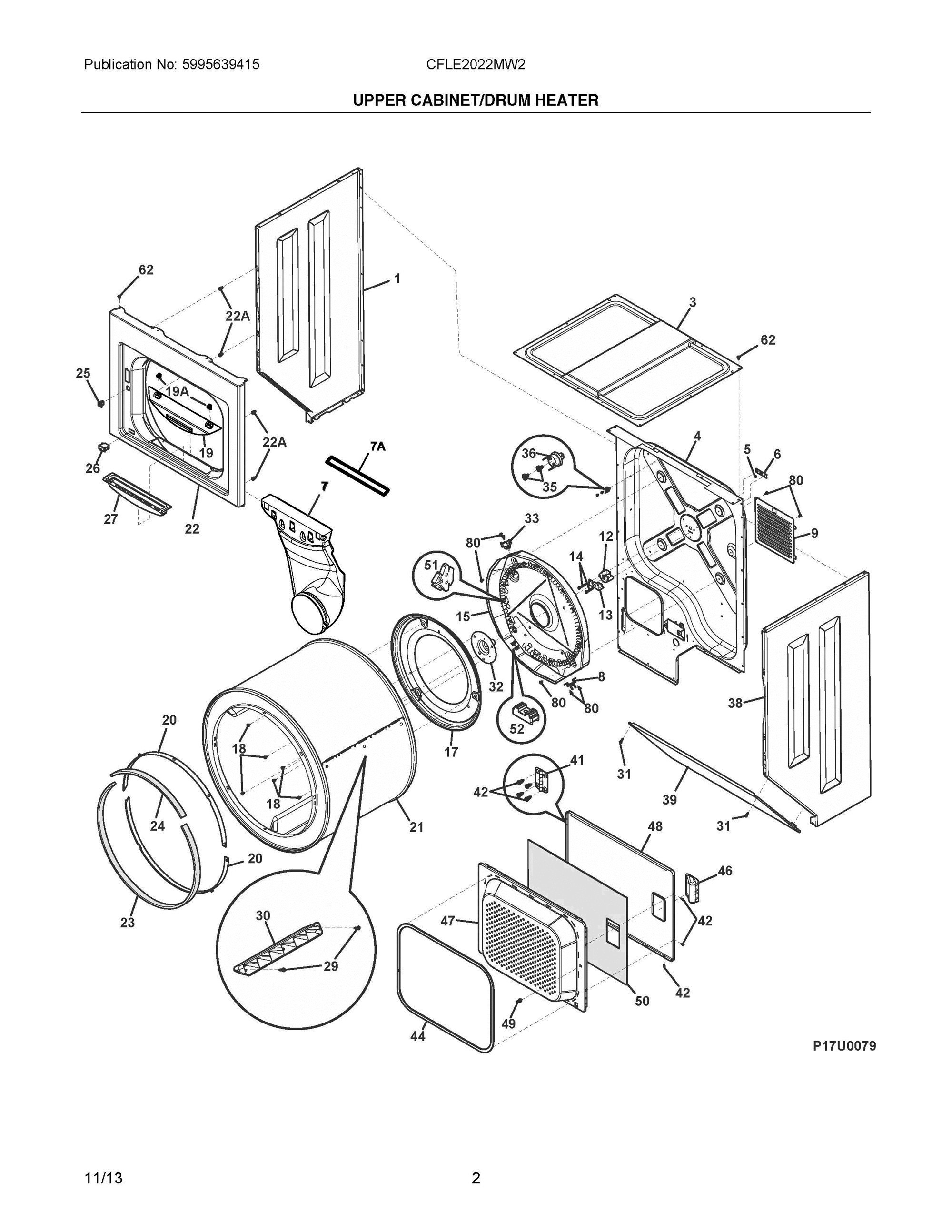 02 - UPPER CABINET/DRUM HEATER Diagram and Parts List for CFLE2022MW2  Frigidaire Washer Dryer Combo